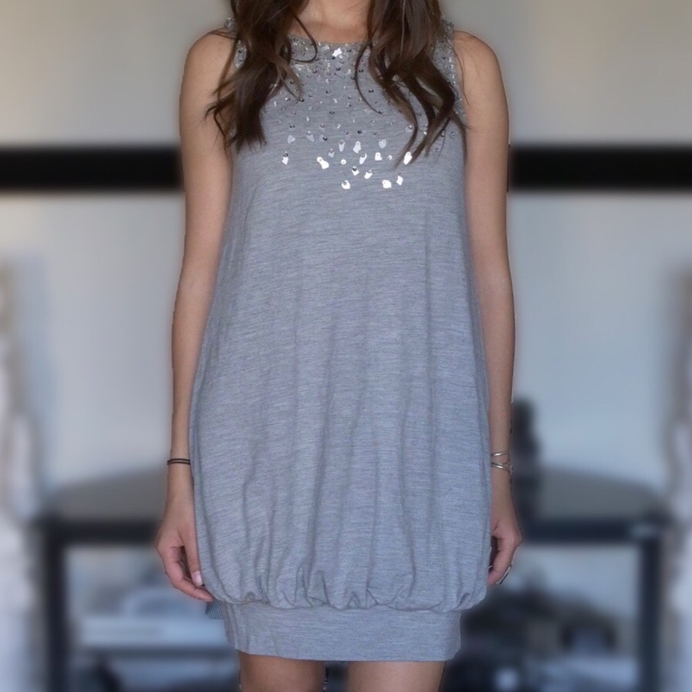 BCBG Light Heather Grey Jersey Dress With Sequins